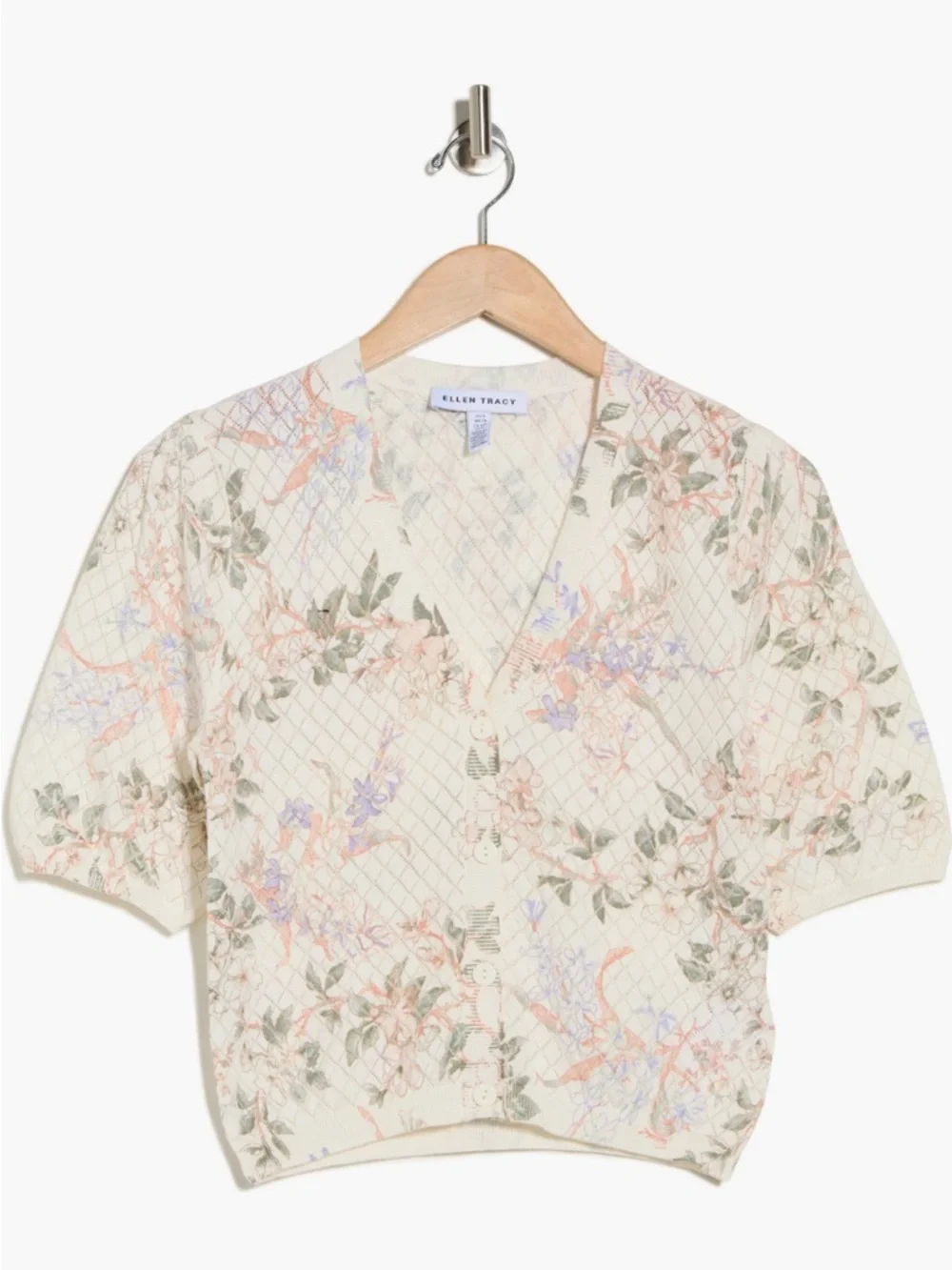 Ellen Tracy Cream Floral Short-Sleeve V-Neck Button Cardigan Top - Picture 4 of 8